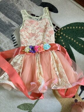 Weissman Pink and Cream Floral Lace Tulle Flower Sash Dress